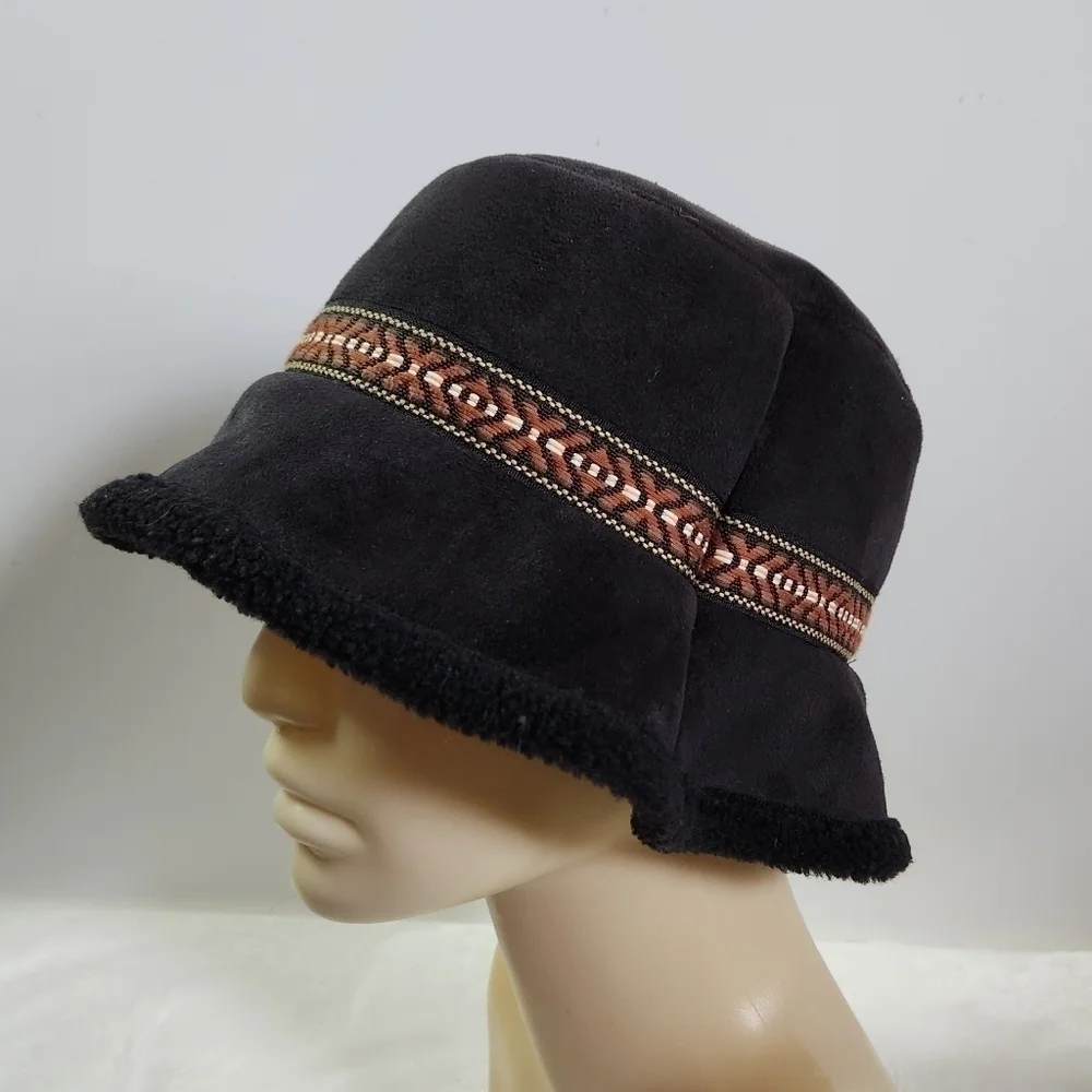 NINE & Company Black Faux Suede Faux Fur Tribal Native Aztec Bucket Hat